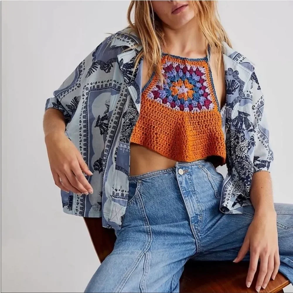 Free People Bella Orange Crochet Festival Crop Top Size XS
